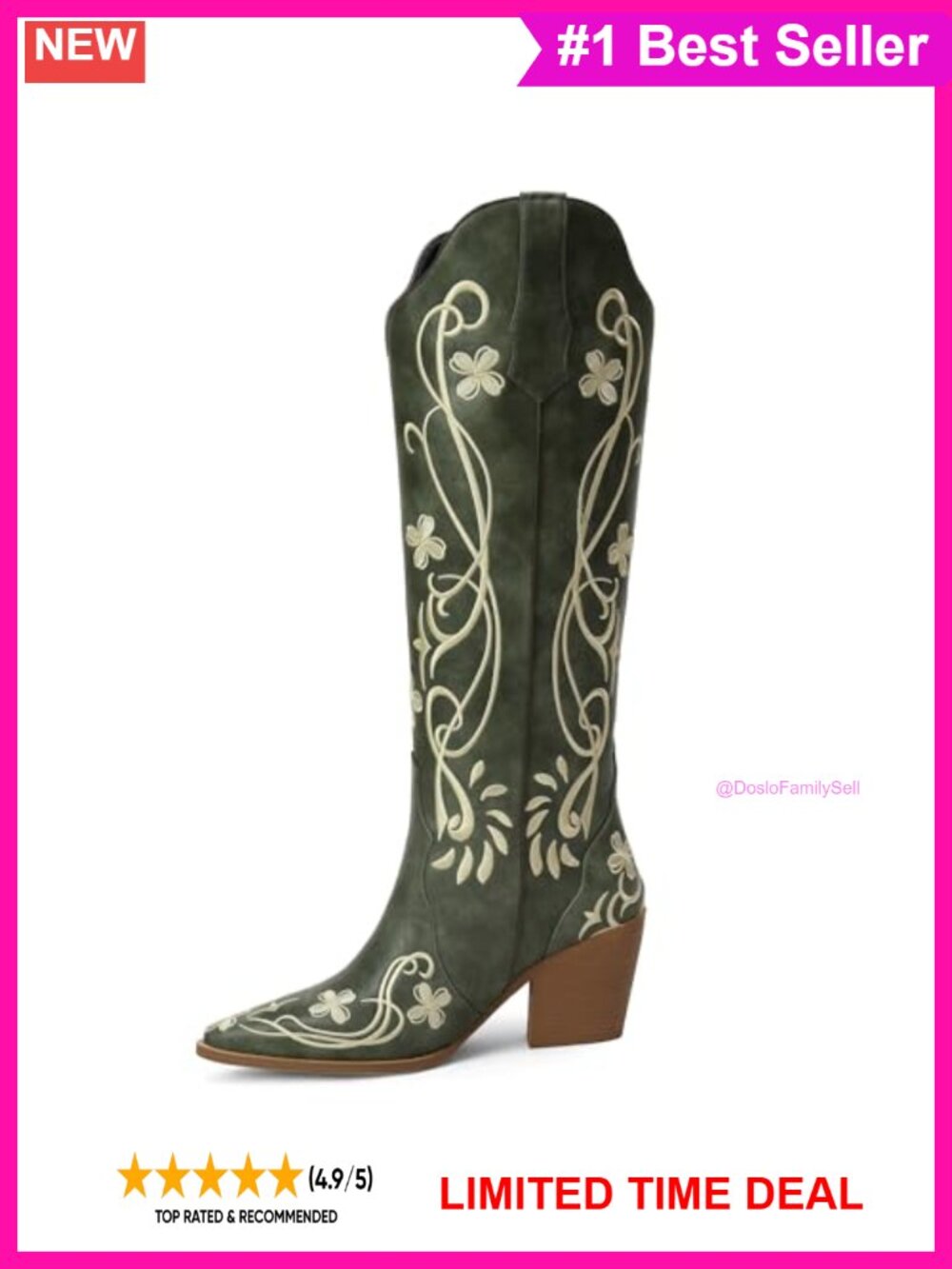 Faux Leather Knee High Western Cowboy Boots Floral Embroidery 3" Block Heel